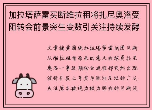 加拉塔萨雷买断维拉租将扎尼奥洛受阻转会前景突生变数引关注持续发酵