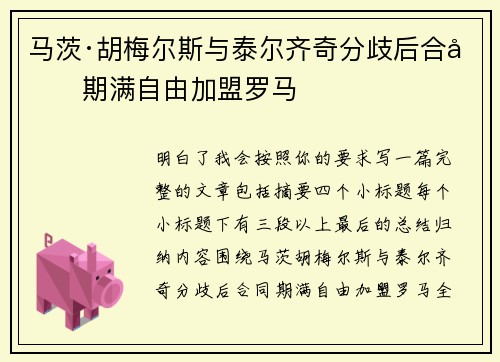 马茨·胡梅尔斯与泰尔齐奇分歧后合同期满自由加盟罗马