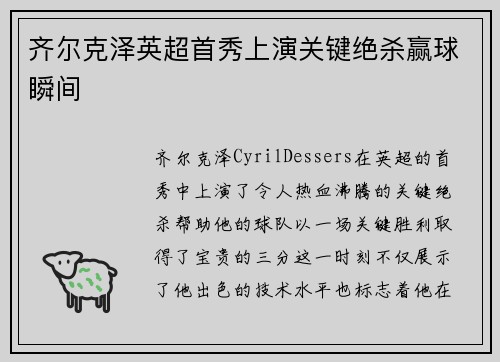 齐尔克泽英超首秀上演关键绝杀赢球瞬间